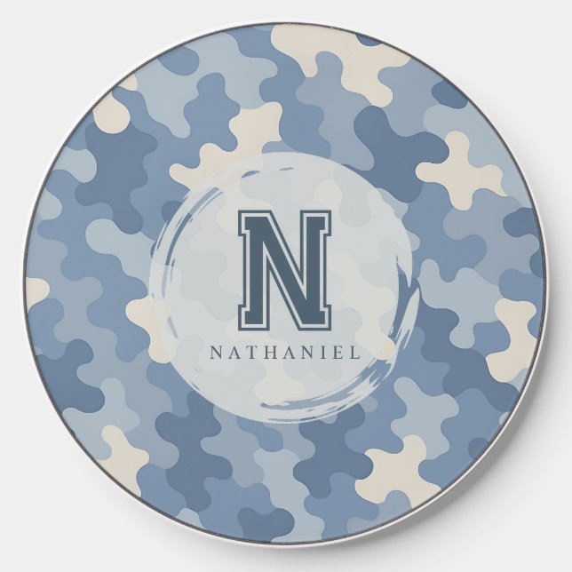 Blue Camo Military Monogram Wireless Charger (Front)