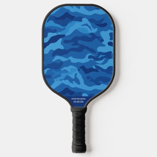 Blue Camo Pattern Cool Camouflage Custom Text Name Pickleball Paddle