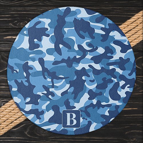 Blue Camo Personalized Modern Monogram Camouflage Outdoor Rug