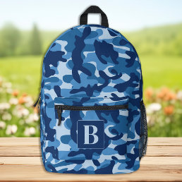 Blue Camo Personalized Modern Monogram Camouflage Printed Backpack