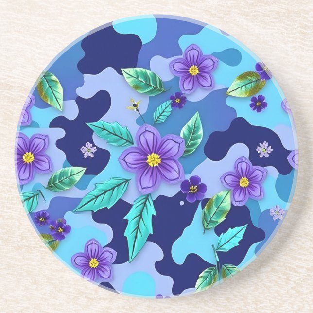 Blue Camo Round Sandstone Coaster (Front)