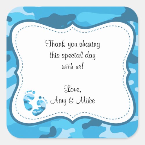 Blue Camouflage Baby Shower Favor Label wfeet