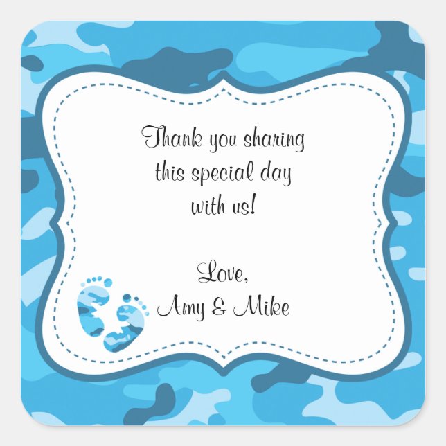 Blue Camouflage Baby Shower Favor Label w/feet (Front)