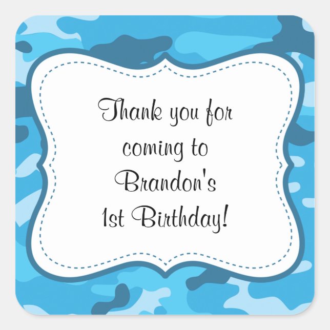 Blue Camouflage Birthday Party favor label boy (Front)