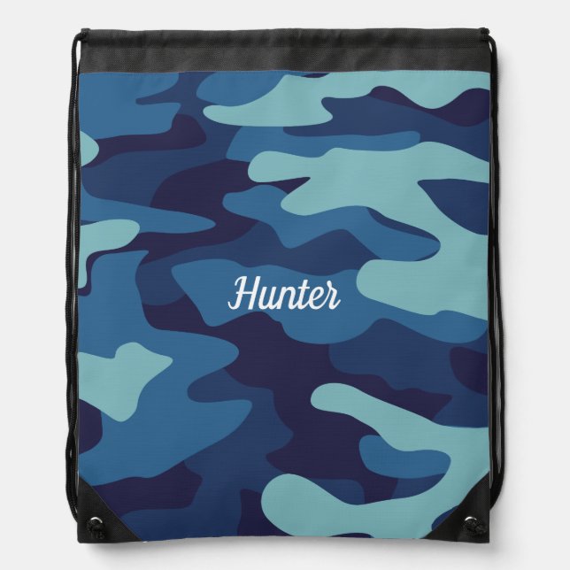 Blue Camouflage Custom Drawstring Bag (Front)