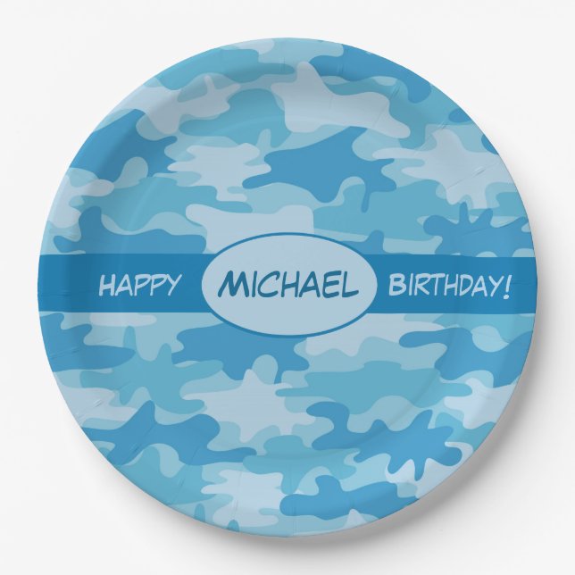 Blue Camouflage Happy Birthday Name Personalized Paper Plates (Front)