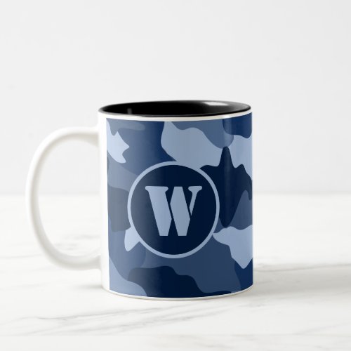 Blue Camouflage Monogram Initial Two_Tone Coffee Mug