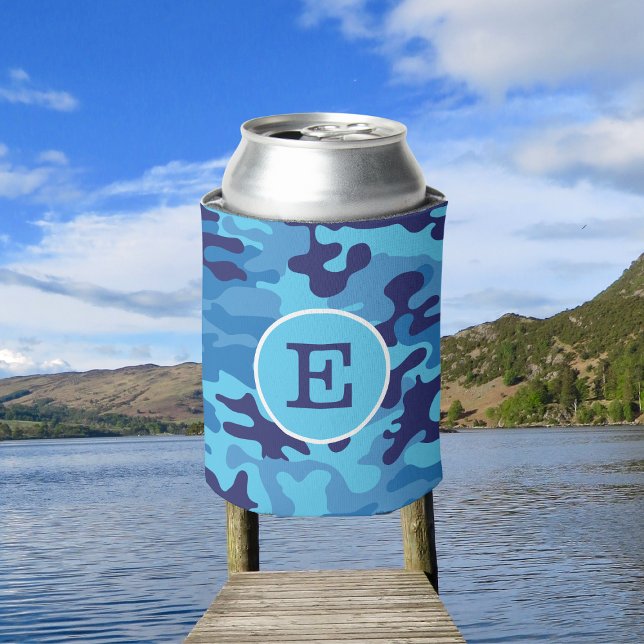 Blue Camouflage Monogram Preppy Personalized Can Cooler (Creator Uploaded)