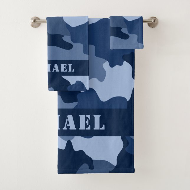 Blue Camouflage Pattern Monogram Initial Bath Towel Set (Insitu)