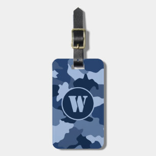 Blue Camouflage Pattern Monogram Initial Luggage Tag