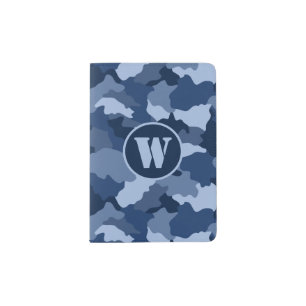 Blue Camouflage Pattern Monogram Initial Passport Holder