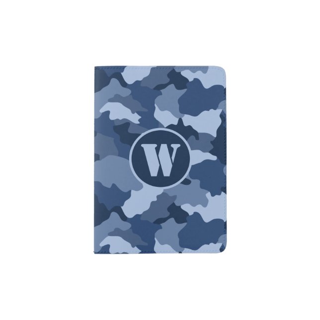 Blue Camouflage Pattern Monogram Initial Passport Holder (Front)