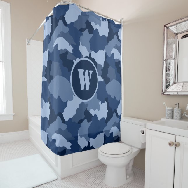Blue Camouflage Pattern Monogram Initial Shower Curtain (In Situ)