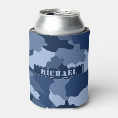 Blue Camouflage Pattern Monogram Name Can Cooler
