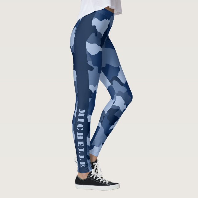 Blue Camouflage Pattern Monogram Name Leggings (Right)