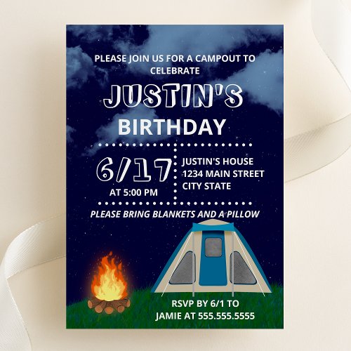 Blue Camp_out Birthday Party Invitation