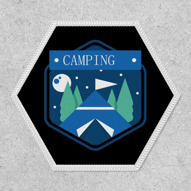 Blue Camping Badge Iron On Patch (Front)