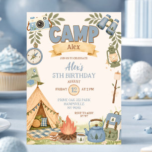 Blue Camping Theme Girl Birthday Invitation