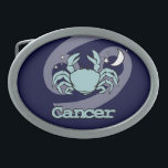 Blue Cancer the crab zodiac astrology belt buckle<br><div class="desc">Cancer "The Crab" Greek astrology belt buckle with cancerian symbols and characteristics. The fourth sign of the Zodiac Cancer June 22 to July 22. Ruled by the moon. Uniquely designed by Sarah Trett.</div>