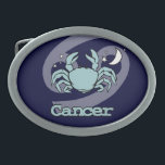 Blue Cancer the crab zodiac astrology belt buckle<br><div class="desc">Cancer "The Crab" Greek astrology belt buckle with cancerian symbols and characteristics. The fourth sign of the Zodiac Cancer June 22 to July 22. Ruled by the moon. Uniquely designed by Sarah Trett.</div>