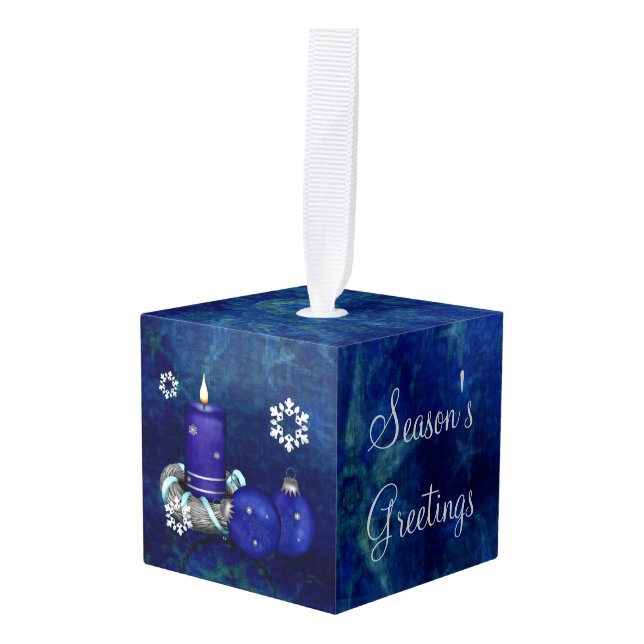 Blue Candle Christmas Cube Ornament (Front Angled)