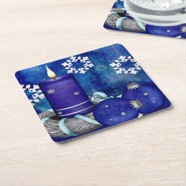 Blue Candle Christmas Square Paper Coaster (Angled)