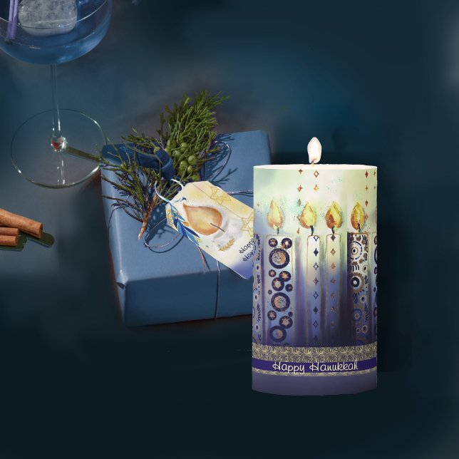 Blue Candle lights Happy Hanukkah Pillar Candle (Blue Candle lights Happy Hanukkah holiday)