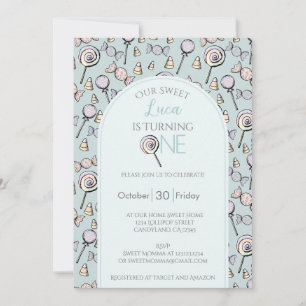 Blue Candy First 1st Birthday Photo Invitation