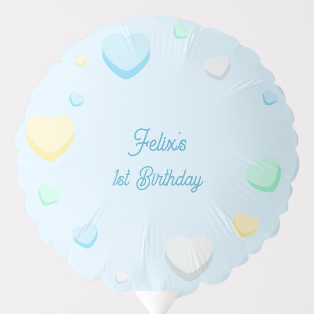Blue Candy Hearts Sweet One Birthday Balloons (Front)