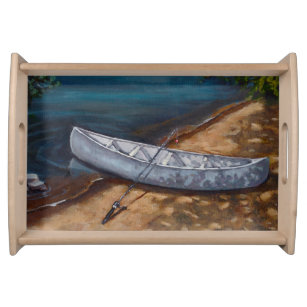 Blue Canoe Painting, Fishing Rod, Nature Serving Tray
