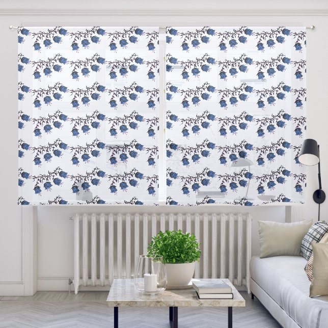 Blue Canterbury Bells Vine Pattern Sheer Curtains (Living Room)