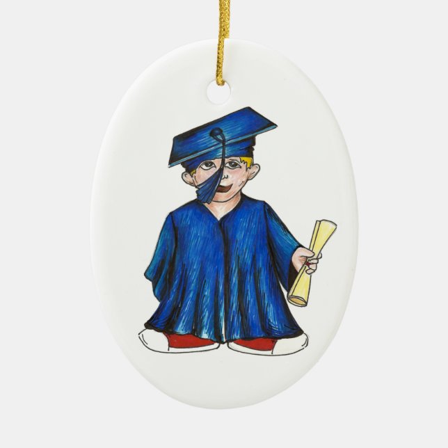 Blue Cap and Gown School Graduation Boy Diploma Ceramic Ornament (Front)