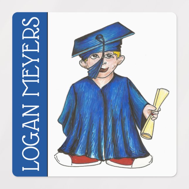 Blue Cap Gown Graduation Girl School Graduate Kids' Labels (Design 2)