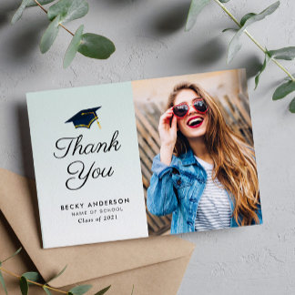 Blue cap graduation thank you postcard