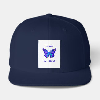 blue cap with a blue butterfly