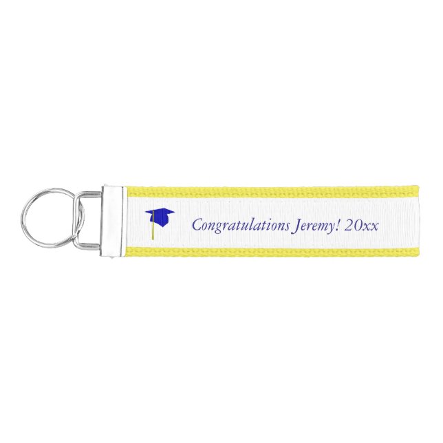Blue Cap Yellow Tassel Personalize Graduation Wrist Keychain (Keys on Left)