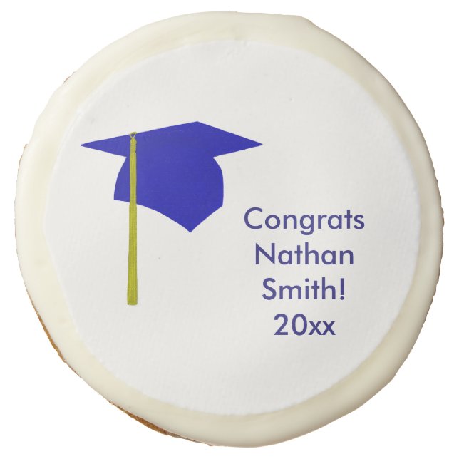 Blue Cap Yellow Tassel Personalized Graduation Sugar Cookie (Front)