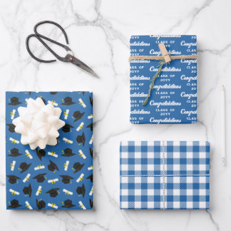 Blue Caps Diplomas Mixed Graduation Patterns Wrapping Paper Sheets