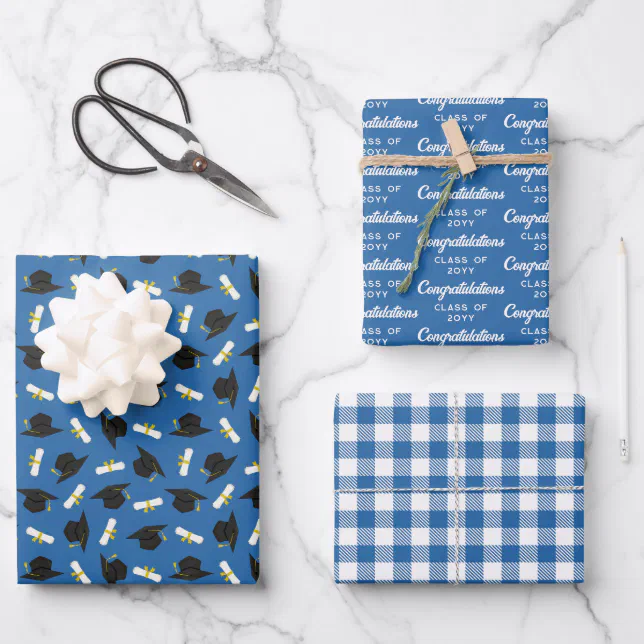 Blue Caps Diplomas Mixed Graduation Patterns Wrapping Paper Sheets | Zazzle