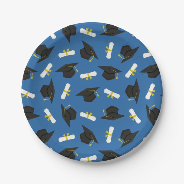 Blue Caps Diplomas Pattern Graduation Party Paper Plates (Front)