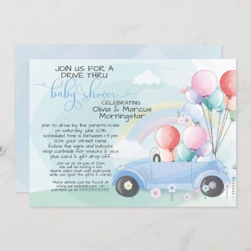 Blue Car Balloons Drive Thru Baby SHower Invitation
