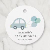 Blue Car Balloons White Boy Baby Shower Favor Tags