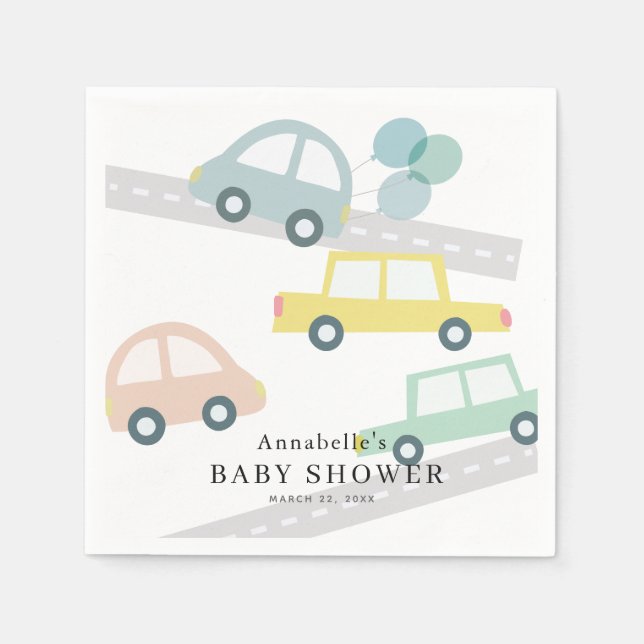 Blue Car Balloons White Boy Baby Shower Napkins (Front)