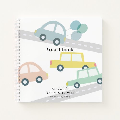 Blue Car Balloons White Boy Baby Shower Notebook