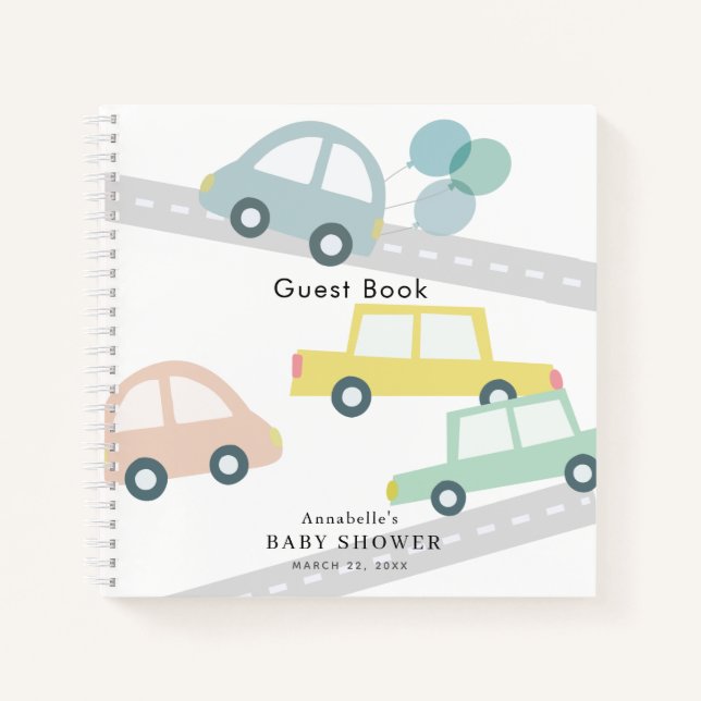 Blue Car Balloons White Boy Baby Shower Notebook (Front)