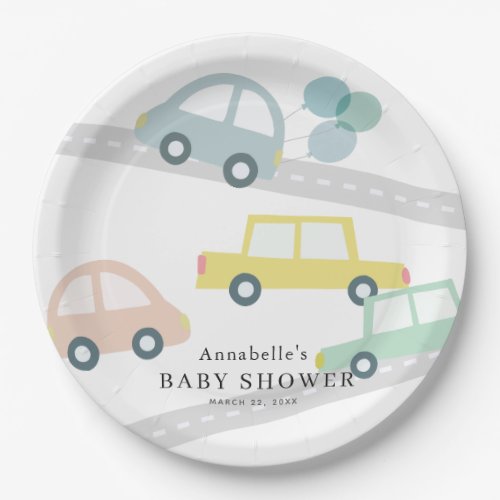 Blue Car Balloons White Boy Baby Shower Paper Plates