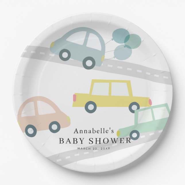 Blue Car Balloons White Boy Baby Shower Paper Plates (Front)