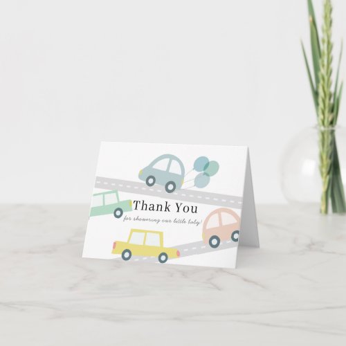 Blue Car Balloons White Boy Baby Shower Thank You Card