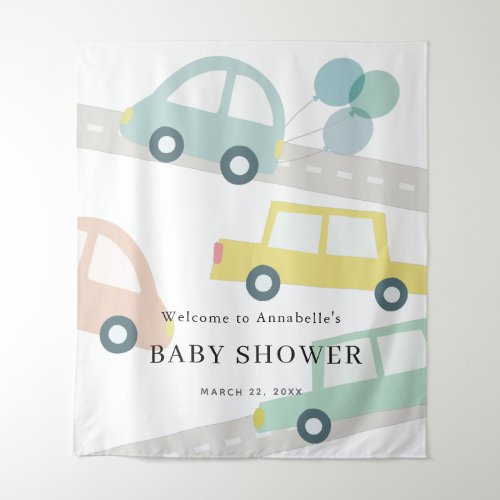 Blue Car Balloons White Boy Baby Shower Welcome Tapestry