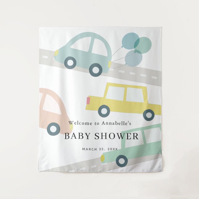 Blue Car Balloons White Boy Baby Shower Welcome Tapestry (Front)